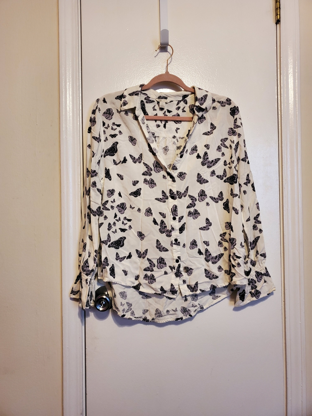 Ivory Button-Down Blouse with Black Butterfly Print